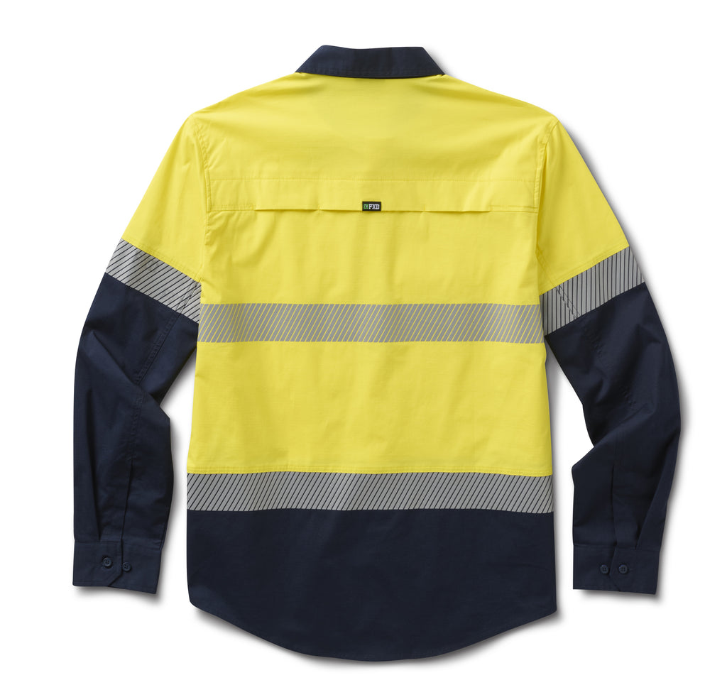 A flat lay of the back of a yellow and navy FXD Men's LSH-4T Vented Tech Hi-Vis Long Sleeve Work Shirt (FX02504010) with hi vis tape on a white background.