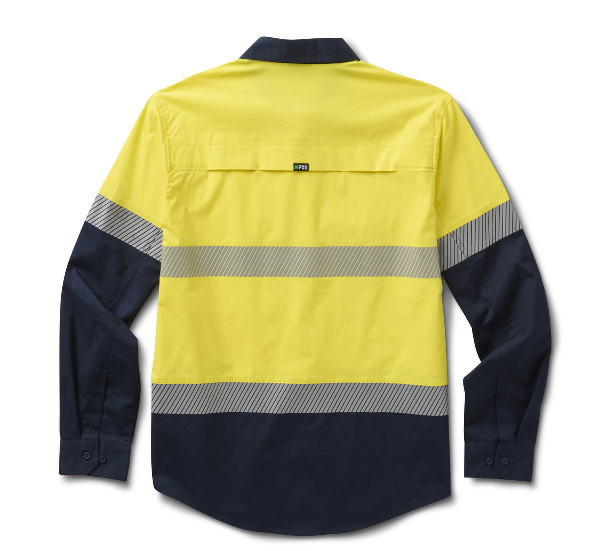 A flat lay of the back of a yellow and navy FXD Men's LSH-4T Vented Tech Hi-Vis Long Sleeve Work Shirt (FX02504010) with hi vis tape on a white background.