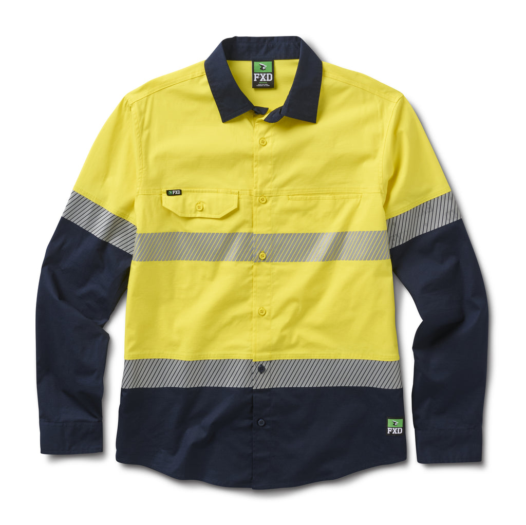 A flat lay of a yellow and navy FXD Men's LSH-4T Vented Tech Hi-Vis Long Sleeve Work Shirt (FX02504010) with hi vis tape on a white background.