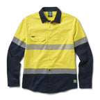 A flat lay of a yellow and navy FXD Men's LSH-4T Vented Tech Hi-Vis Long Sleeve Work Shirt (FX02504010) with hi vis tape on a white background.