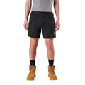 A model from the waist down wearing black FXD Men's WS-6 Work Shorts (FX02306021), black crew socks, and tan work boots against a plain white background.