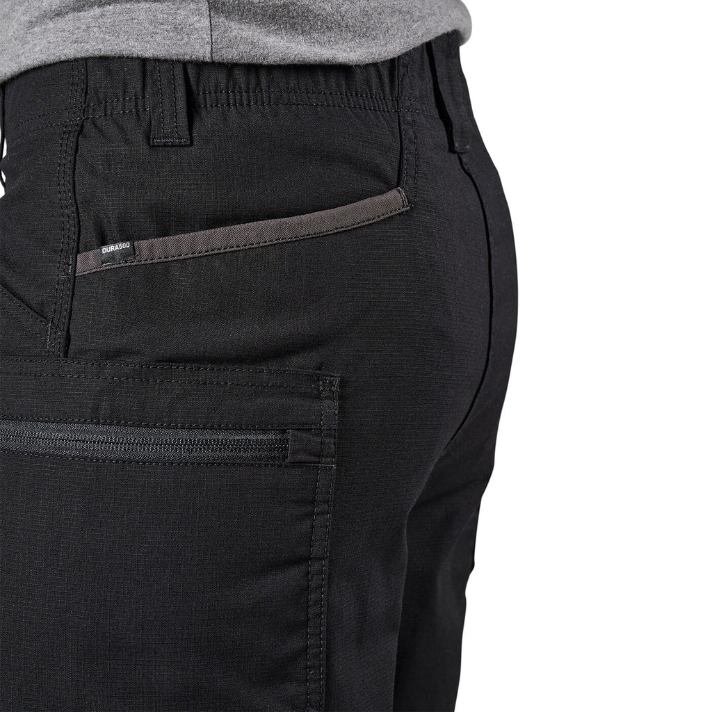 Close-up of the back waist and side pocket area of black FXD Men's WS-6 Work Shorts (FX02306021, showing  pocket detailing, with a white background on the right.