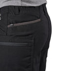 Close-up of the back waist and side pocket area of black FXD Men's WS-6 Work Shorts (FX02306021, showing  pocket detailing, with a white background on the right.
