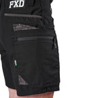 Close-up of black FXD Men's WS-6 Work Shorts (FX02306021 showing the side and back pockets, including a zippered pocket and a patch with FXD branding.