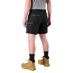 A man modelling black FXD Men's WS-7 Work Shorts (FX02306022) with a grey tee, black crew socks and wheat coloured boots on a white background.
