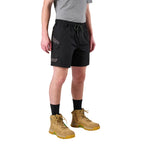 A man modelling black FXD Men's WS-7 Work Shorts (FX02306022) with a grey tee, black crew socks and wheat coloured boots on a white background.