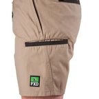 Close up of a pair of khaki FXD Men's WS-7 Work Shorts (FX02306022) showing pocket detail and an FXD logo on a white background.