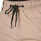 Close up of a pair of khaki FXD Men's WS-7 Work Shorts (FX02306022) showing the waist band and drawcord on a white background.