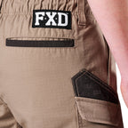 Close up of a pair of khaki FXD Men's WS-7 Work Shorts (FX02306022) showing pocket detail and an FXD logo on a white background.