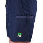 Close-up of navy FXD Men's WS-7 Work Shorts (FX02306022) showing pocket detail an FXD logo patch on the lower leg.
