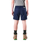 A man modelling navy FXD Men's WS-7 Work Shorts (FX02306022) with a grey tee, black crew socks and stone coloured boots on a white background.
