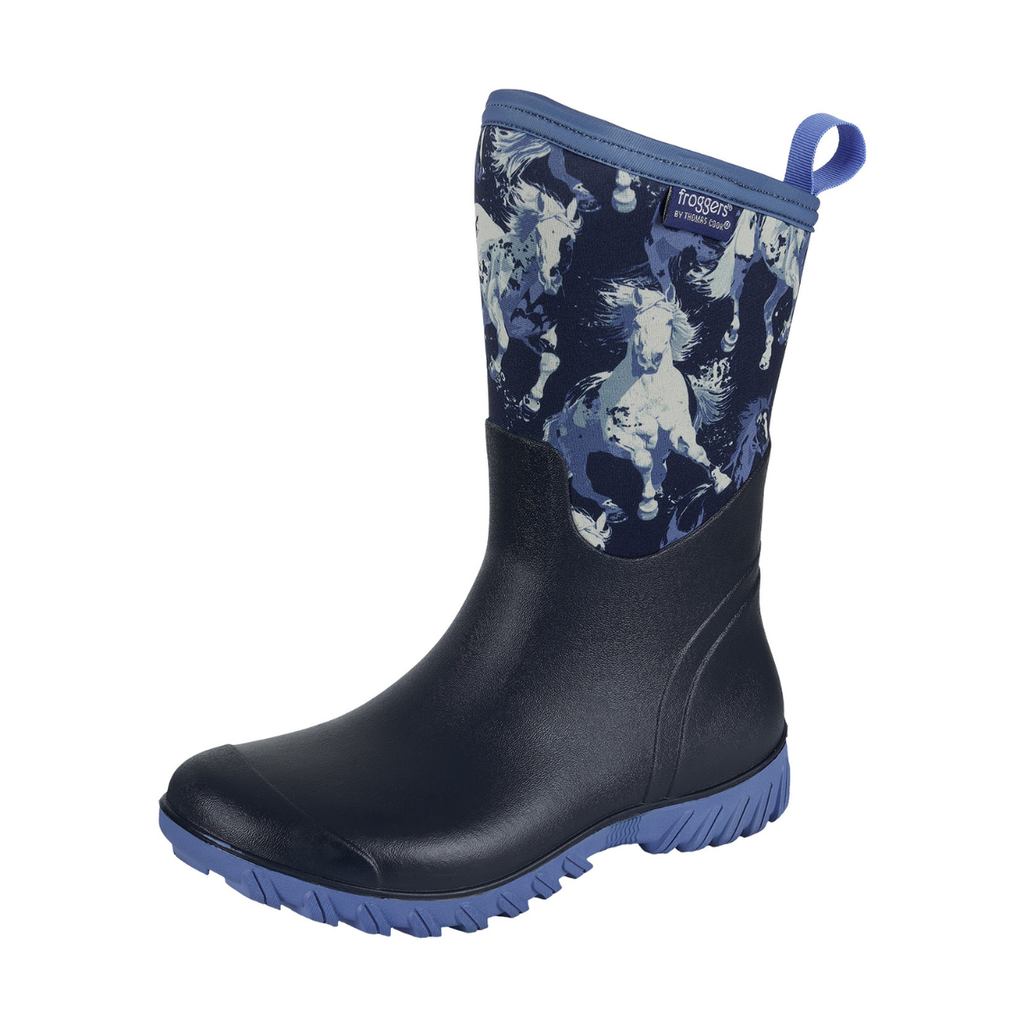 The Froggers Womens Cirrus Mig Gumboots (T6W28505) by Froggers feature a navy waterproof upper with white and blue horse patterns, a light blue sole and trim, a pull loop, and a durable rubber sole for support.