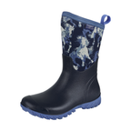 The Froggers Womens Cirrus Mig Gumboots (T6W28505) by Froggers feature a navy waterproof upper with white and blue horse patterns, a light blue sole and trim, a pull loop, and a durable rubber sole for support.