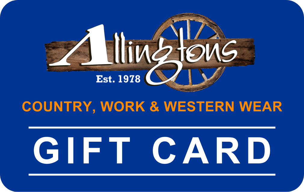Allingtons Gift Voucher is the ideal present, showcasing a wooden wagon wheel and 'Established 1978' on blue. Redeem online for your favourite country, work, and western wear from Allingtons.