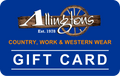 Allingtons Gift Voucher is the ideal present, showcasing a wooden wagon wheel and 'Established 1978' on blue. Redeem online for your favourite country, work, and western wear from Allingtons.