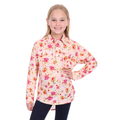 A young girl with long blonde hair smiles at the camera, wearing the Hard Slog Childrens Lily Half Button L/S Shirt (H6W7101168) in pink, paired with dark pants, standing against a white background with one hand on her hip.