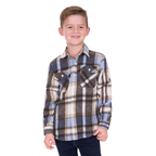 A young boy smiles against a white background, wearing the Hard Slog Childrens Victor L/S Thermal Shirt (H6W7115283) in tan and light blue checks with long sleeves, paired with dark pants.