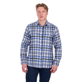 A man wearing the Hard Slog Mens Gael L/S Thermal Shirt (H6W1116284) in royal and black, featuring a check pattern and two chest pockets, stands against a white background.