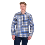 A man wearing the Hard Slog Mens Gael L/S Thermal Shirt (H6W1116284) in royal and black, featuring a check pattern and two chest pockets, stands against a white background.