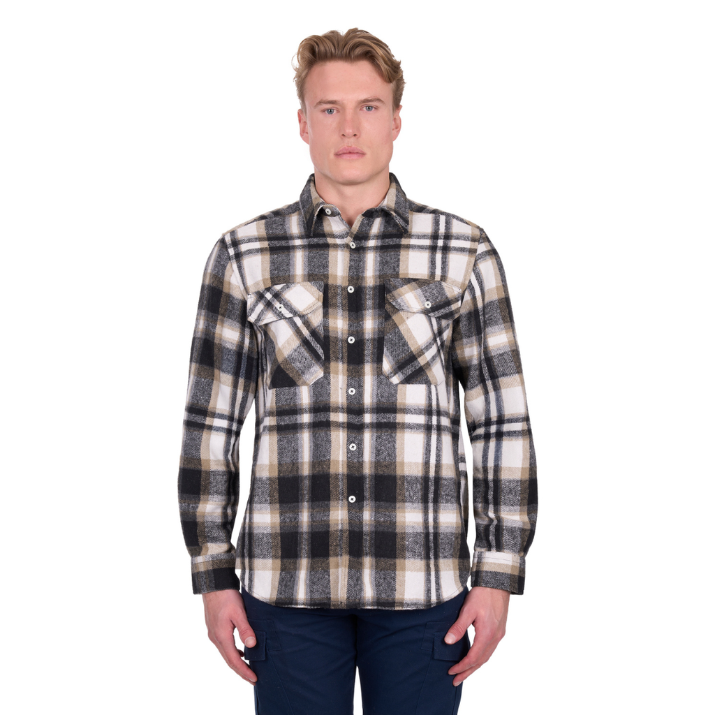 A man faces forward against a white background, wearing the Hard Slog Mens King L/S Thermal Shirt (H6W1116207) in Black/Tan with yarn-dyed checks and front pockets.