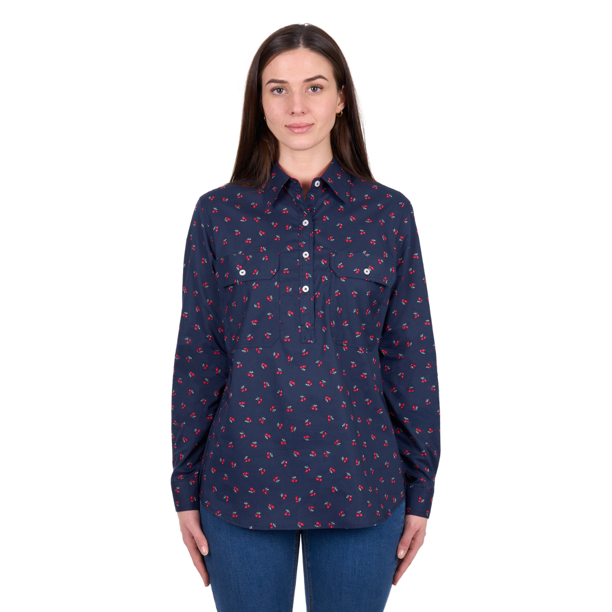 Hard Slog Womens Cherry Half Button L/S Shirt (H6W2101175) Dark Navy