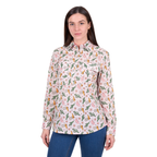 A woman with straight brown hair wears the Hard Slog Womens Cleo Half Button L/S Shirt (H6W2101170) in pink, paired with blue jeans, standing against a white background.