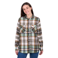 A woman with long, straight brown hair smiles at the camera, wearing the Hard Slog Womens Elle L/S Thermal Shirt (H6W2150195) in green/tan and blue jeans against a white background.