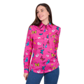 A woman wearing the Hard Slog Womens Gizelle Half Button L/S Shirt (H6W2101169) in hot pink stands smiling with her hand by her side, against a white background.