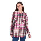 A woman with long brown hair wears the Hard Slog Womens Ori L/S Thermal Shirt (H6W2150194) in Pink/Tan. She stands against a white background, smiling slightly with her hands relaxed by her sides.