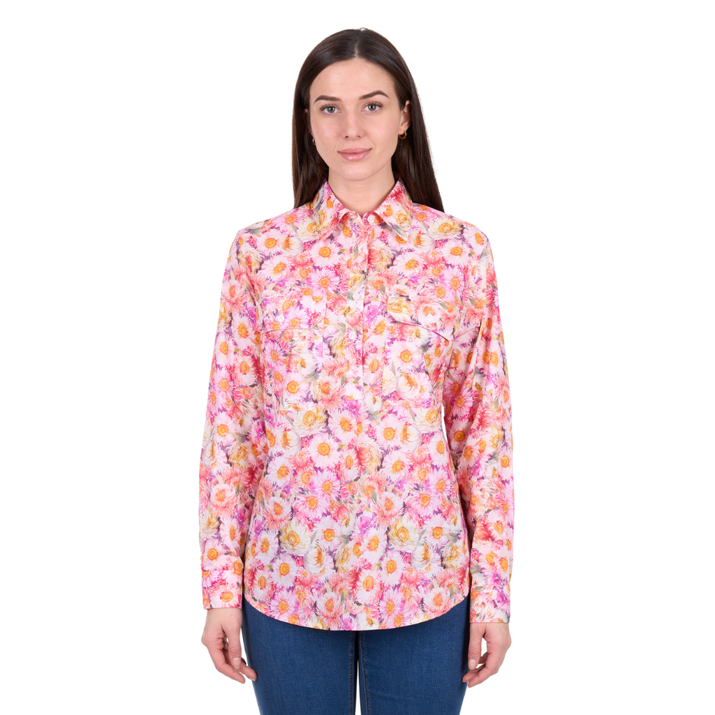 Hard Slog Womens Samira Half Button L/S Shirt (H6W2101173) Pink/Yellow