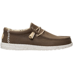 Hey Dude Mens Wally Stretch Canvas Slip On Shoes (40700-2LN) in Teak Brown feature an easy-on lace system, white stitching, cushioned ankle collar, patterned lining, and a white speckled sole. Shown on a plain background.