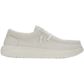 A side view of Hey Dude Womens Wendy Comfort Suede Slip On Shoes in ivory, featuring a thick sole, premium suede upper, moccasin-style stitching, and a low-cut design.