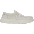 A side view of Hey Dude Womens Wendy Comfort Suede Slip On Shoes in ivory, featuring a thick sole, premium suede upper, moccasin-style stitching, and a low-cut design.