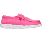The Hey Dude Womens Wendy Stretch Canvas Slip On Shoes in Fandango Pink feature a bright pink washed canvas upper, white speckled sole, elastic laces, and low profile design, shown from the side against a plain white background.