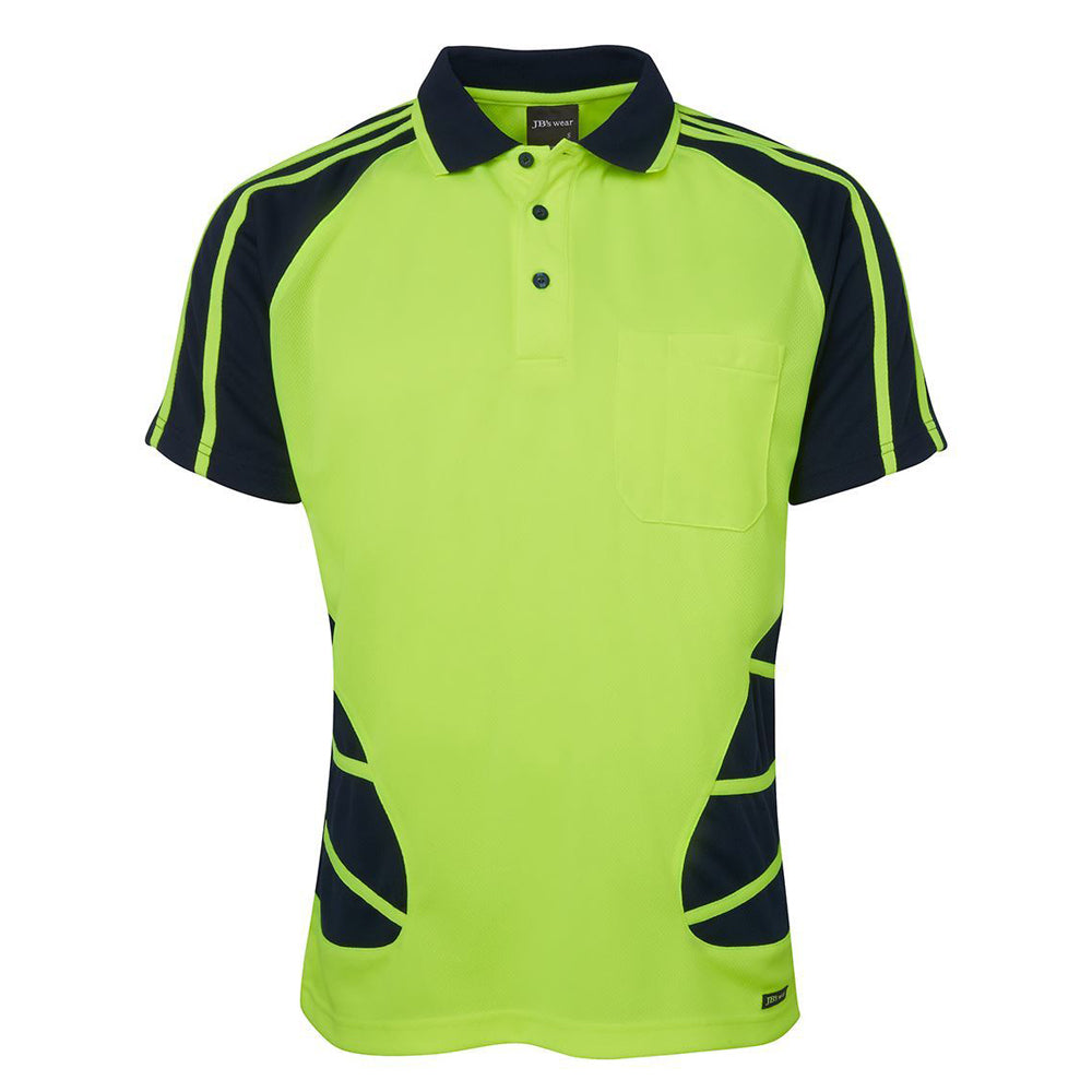 A ghost image of a JB's Men's Hi Vis Short Sleeve Spider Polo (6HSP) in Lime/Navy on a white background.