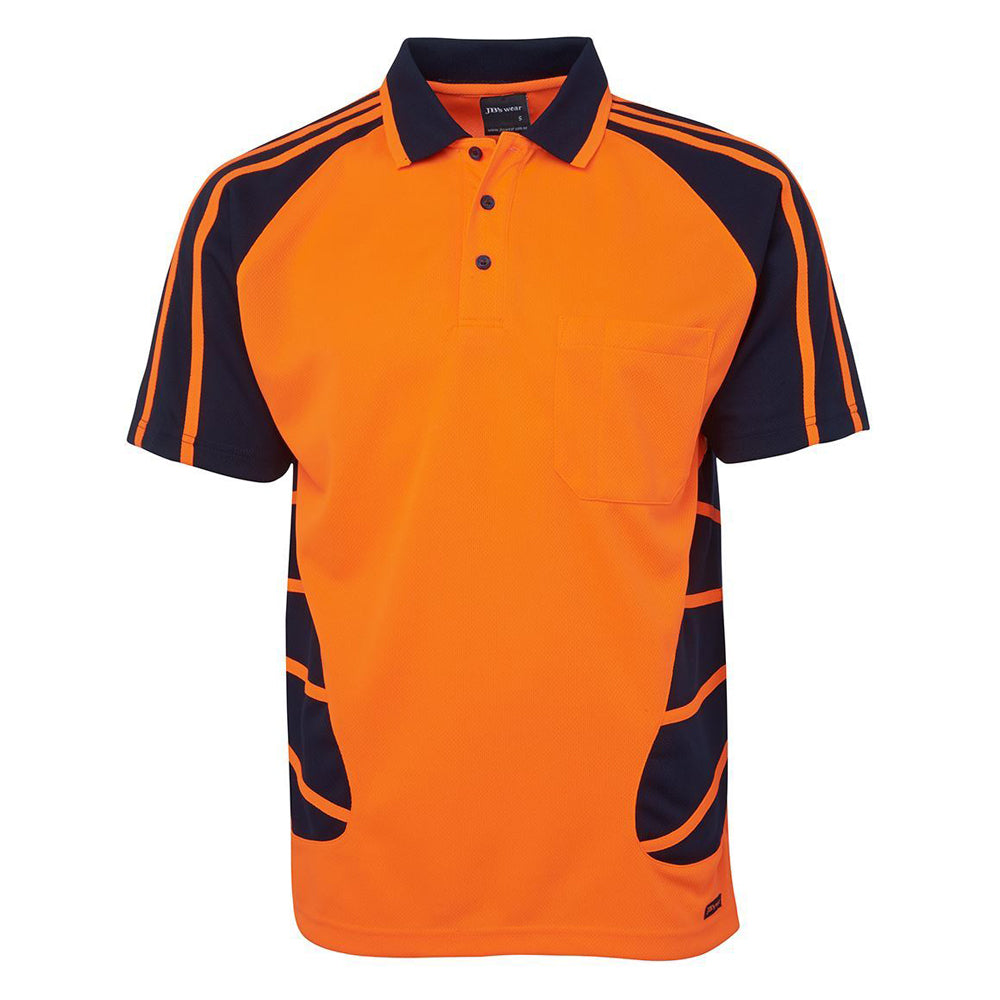 A ghost image of a JB's Men's Hi Vis Short Sleeve Spider Polo (6HSP) in Orange/Navy on a white background.