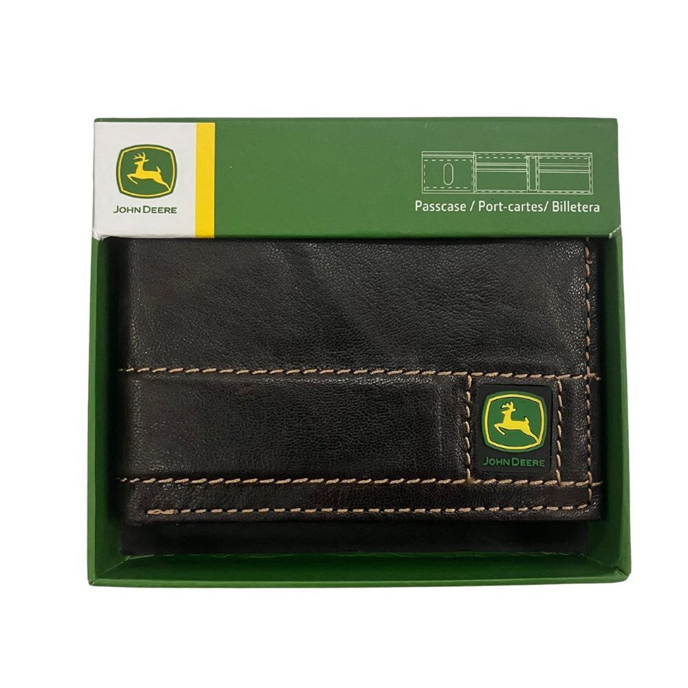 John Deere Mens Trademark Logo Antique Leather Stitched Bi-Fold Wallet (4090000-200) Brown