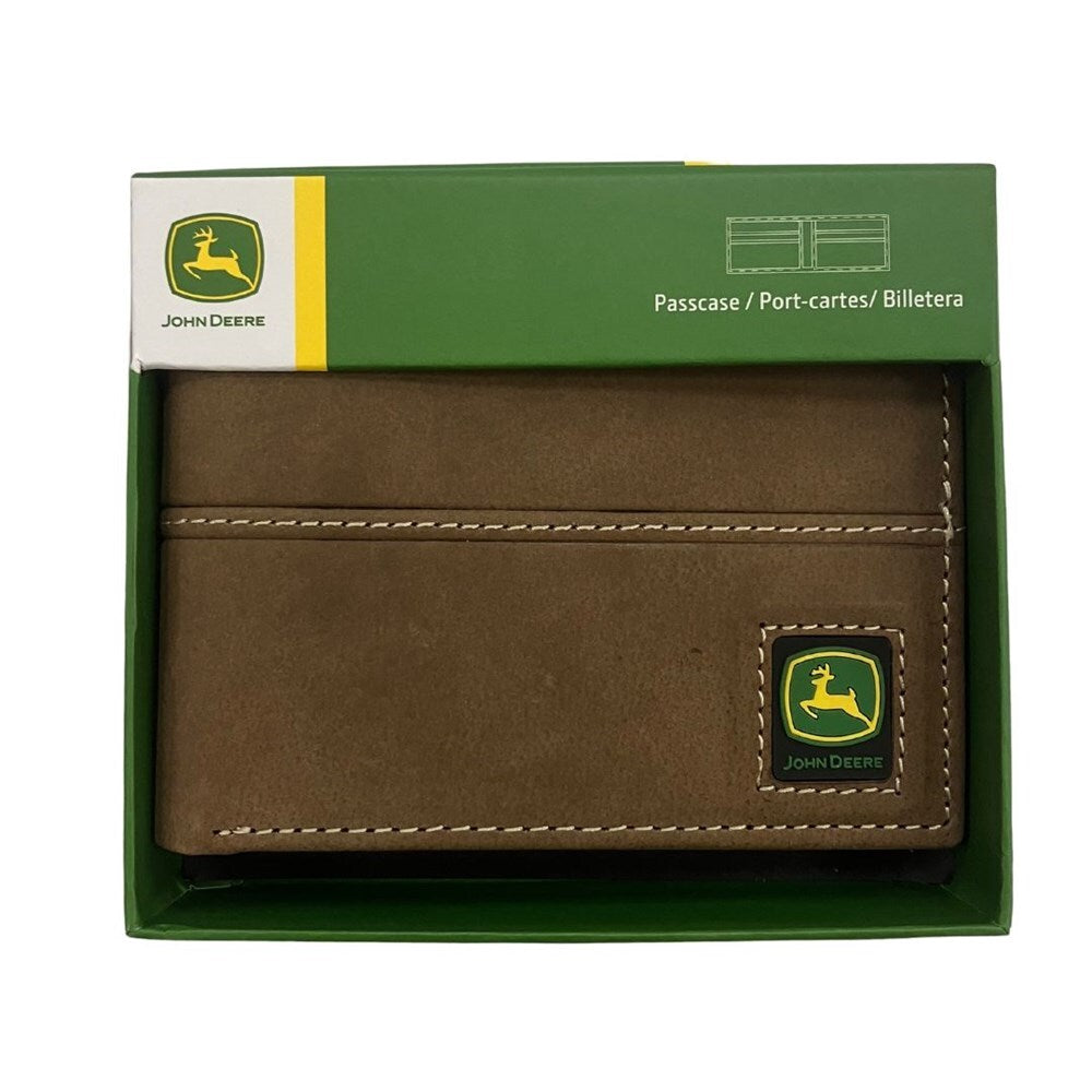 John Deere Mens Rubber Trademark Patch Distressed Leather Tri-Fold Wallet (4096000-210) Tan
