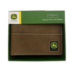 John Deere Mens Rubber Trademark Patch Distressed Leather Tri-Fold Wallet (4096000-210) Tan
