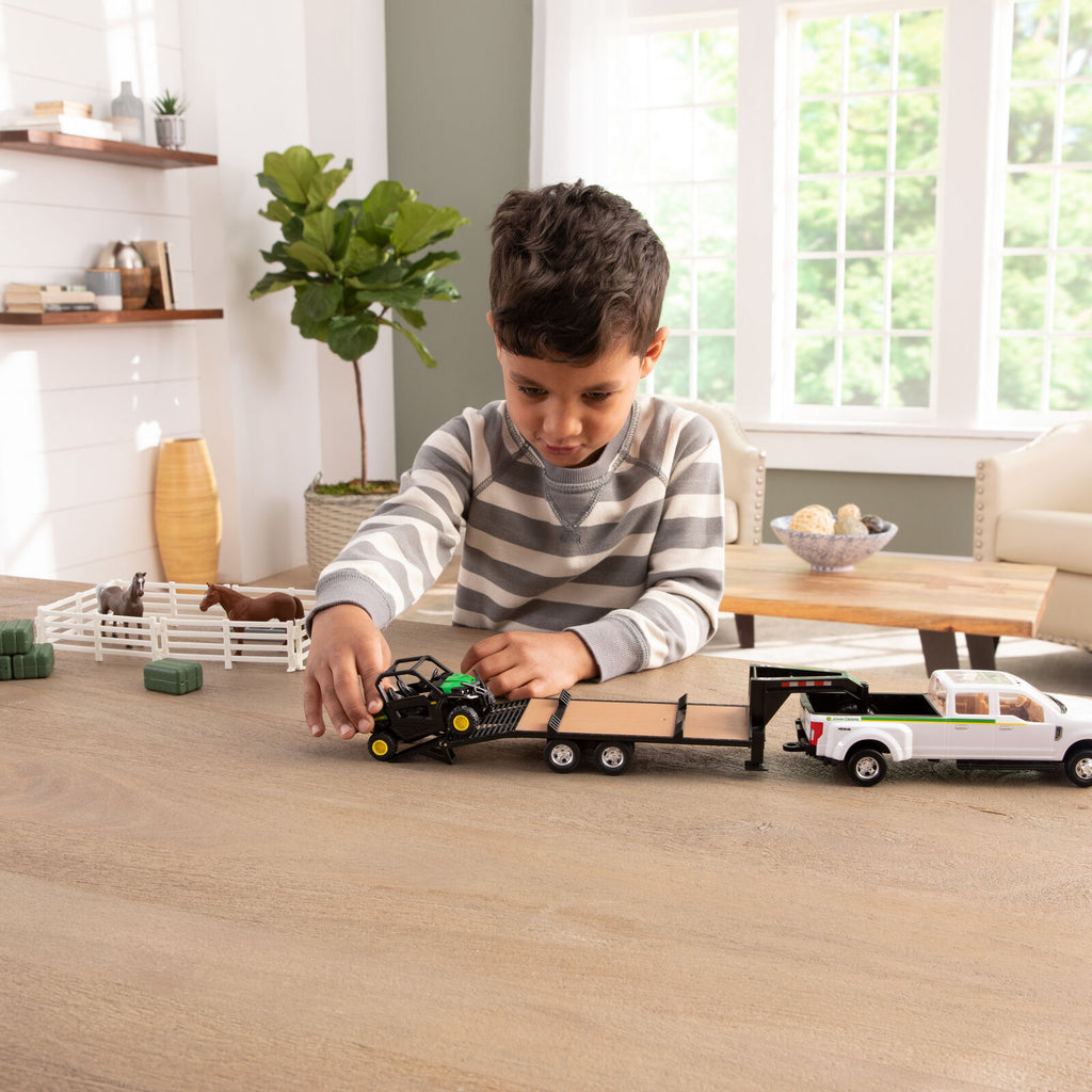 John Deere Childrens 1:32 Ford Pickup With Gator on Trailer and Horses & Yards (47433)