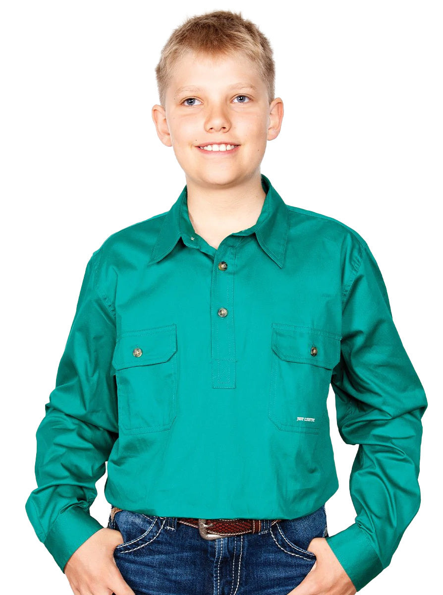 Just Country Boys Lachlan Half Button Work Shirt (30303) Dark Green XL/14-16