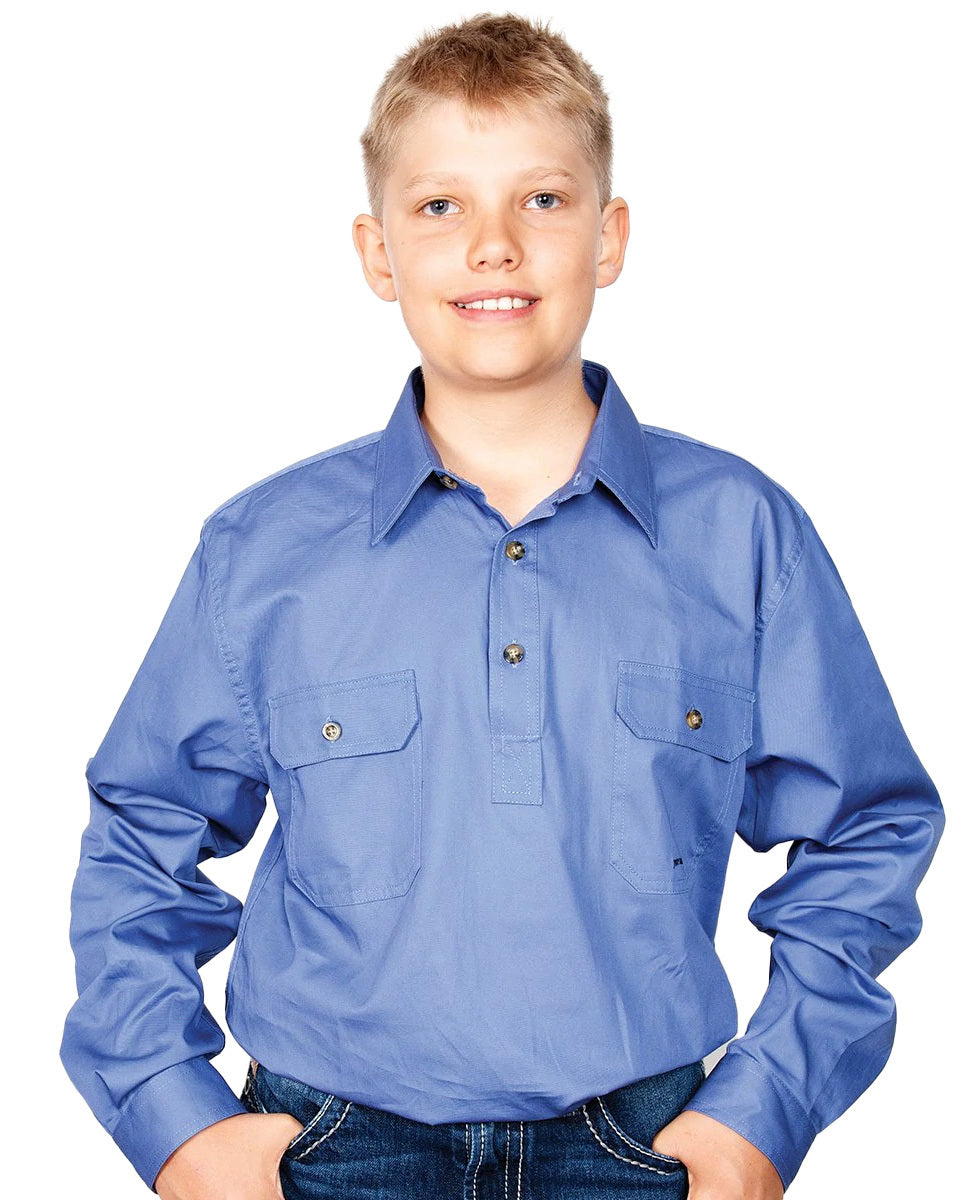 Just Country Boys Lachlan Half Button Work Shirt (30303) Blue XL/14-16