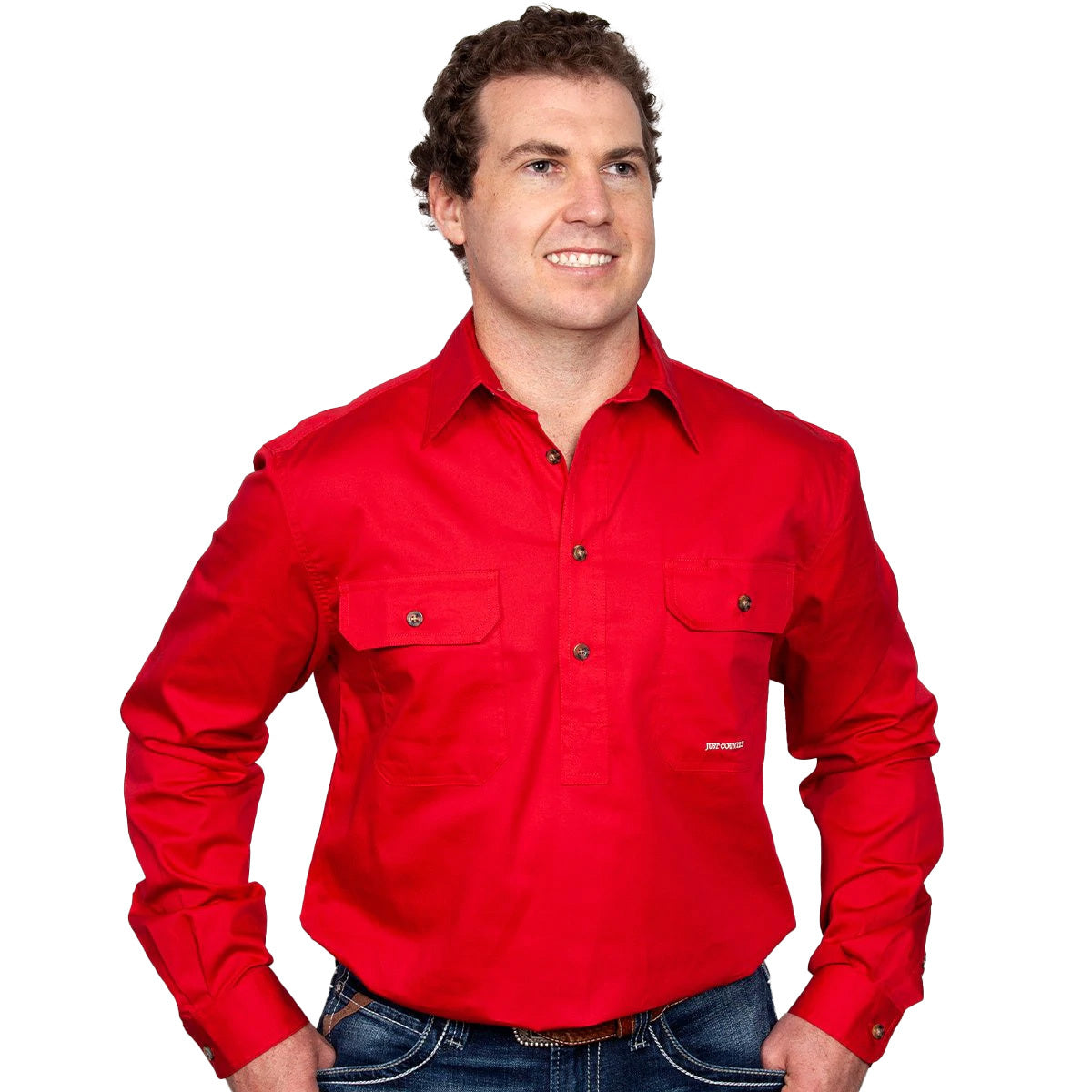 Just Country Mens Cameron Half Button Work Shirt (10101) Chilli 4XL