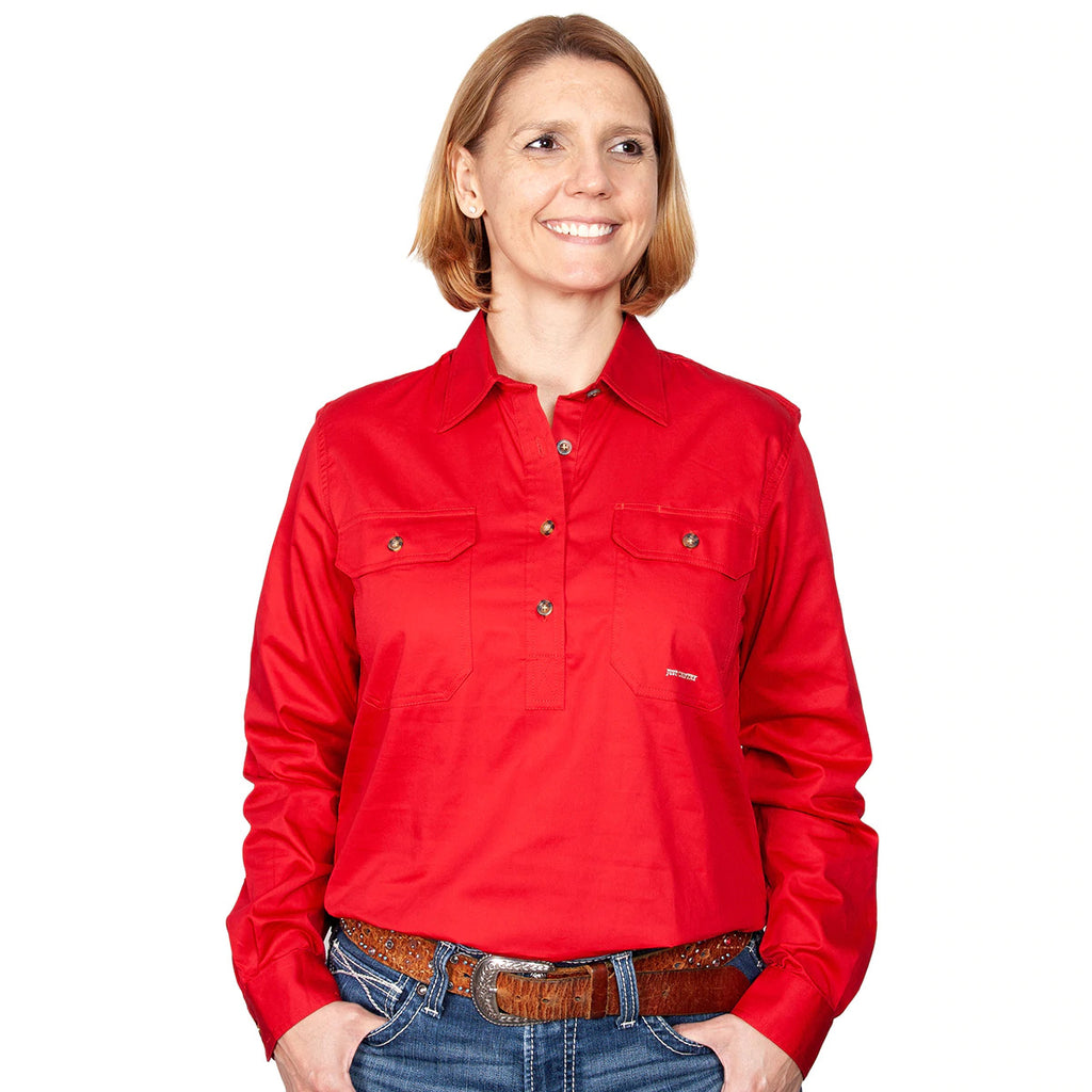 Just Country Womens Jahna Half Button Work Shirt (50505) Chilli S/10