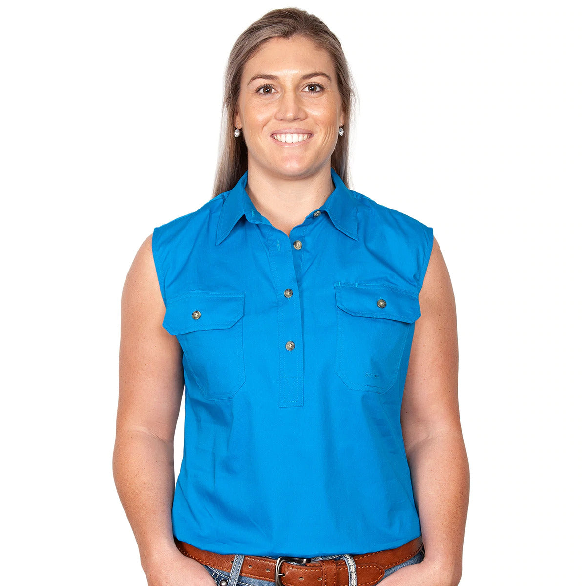 Just Country Womens Kerry Sleeveless Half Button Work Shirt (50503) Blue Jewel L/14