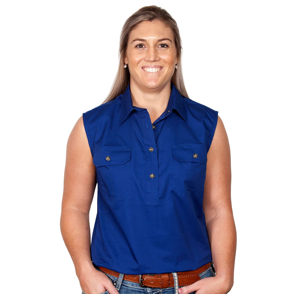 Just Country Womens Kerry Sleeveless Half Button Work Shirt (50503) Cobalt S/10