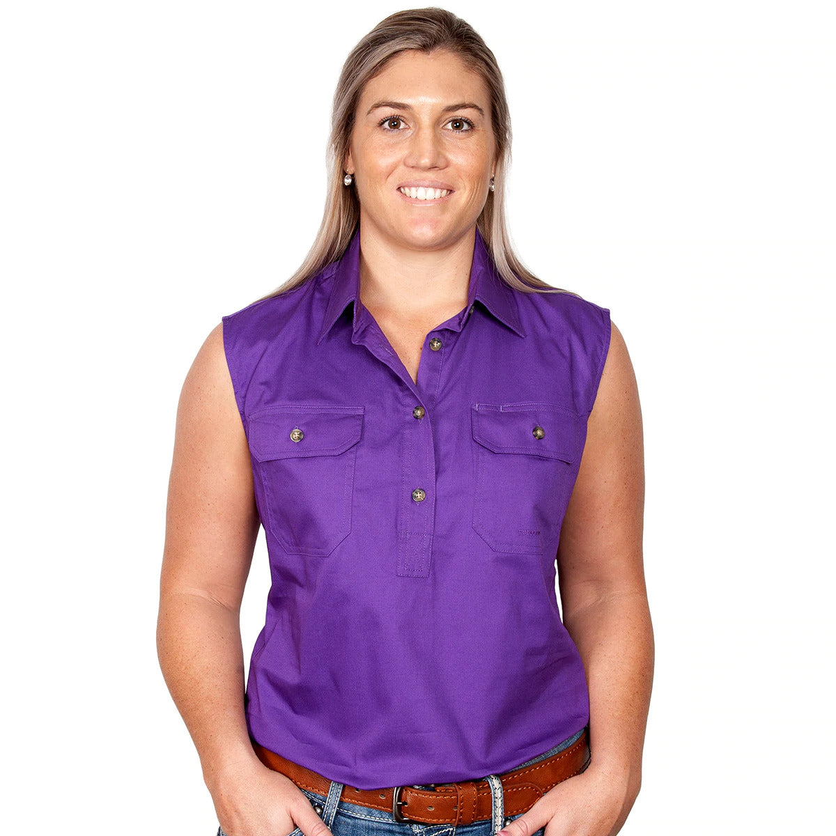 Just Country Womens Kerry Sleeveless Half Button Work Shirt (50503) Purple 2XL/18