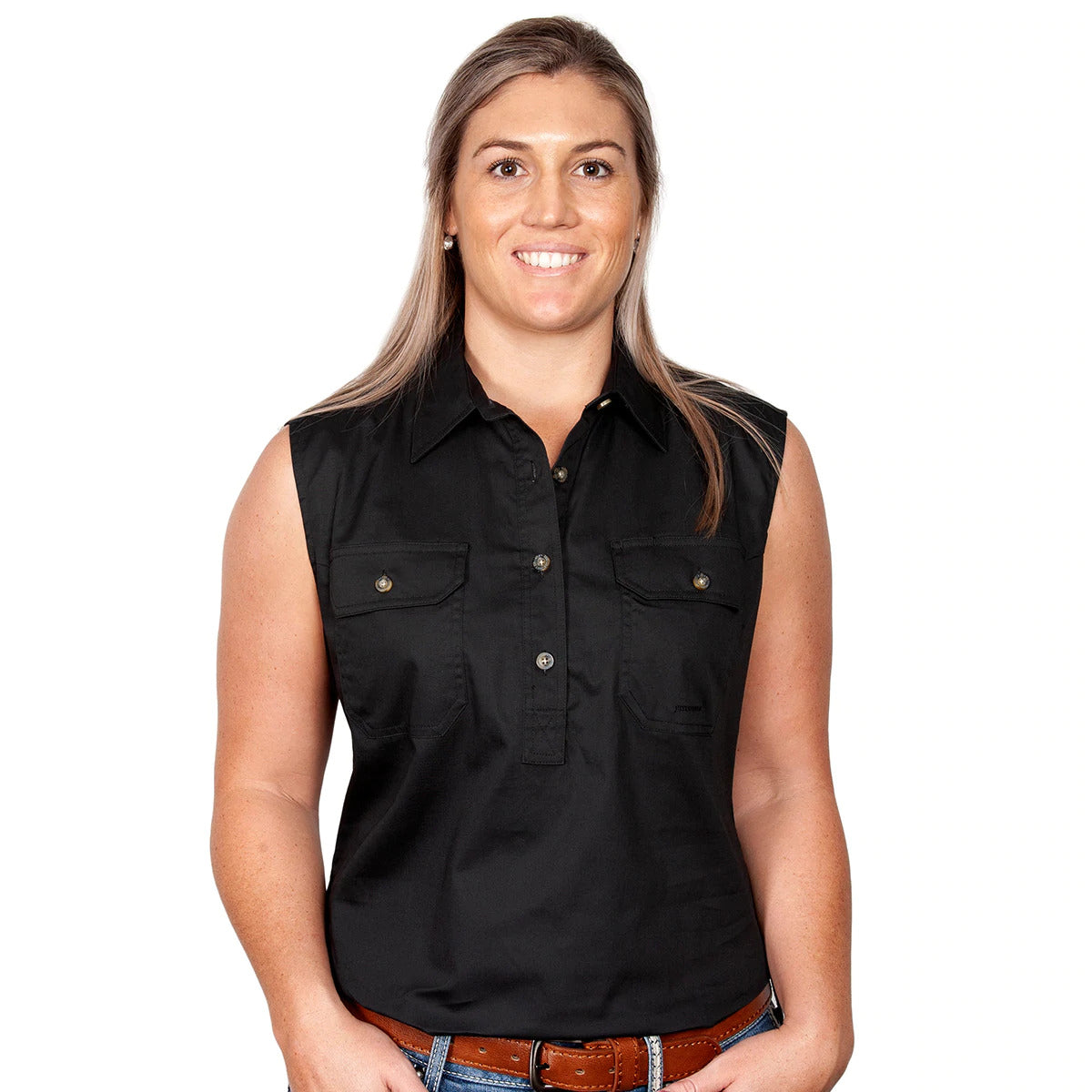 Just Country Womens Kerry Sleeveless Half Button Work Shirt (50503) Black L/14