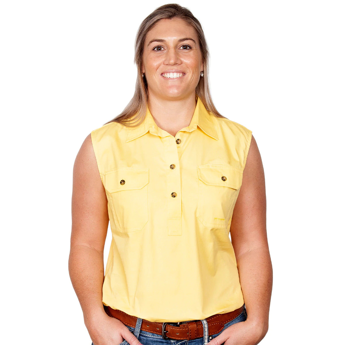 Just Country Womens Kerry Sleeveless Half Button Work Shirt (50503) Butter XL/16