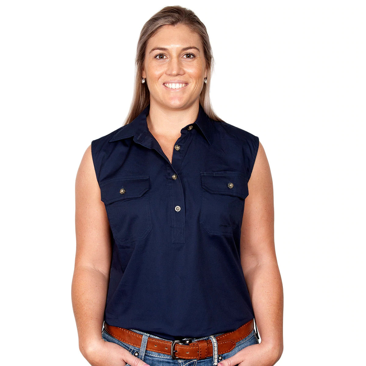 Just Country Womens Kerry Sleeveless Half Button Work Shirt (50503) Navy L/14